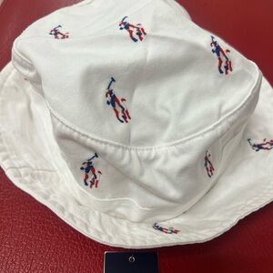 White Bucket Hat with Red & Blue Polo Embroidery